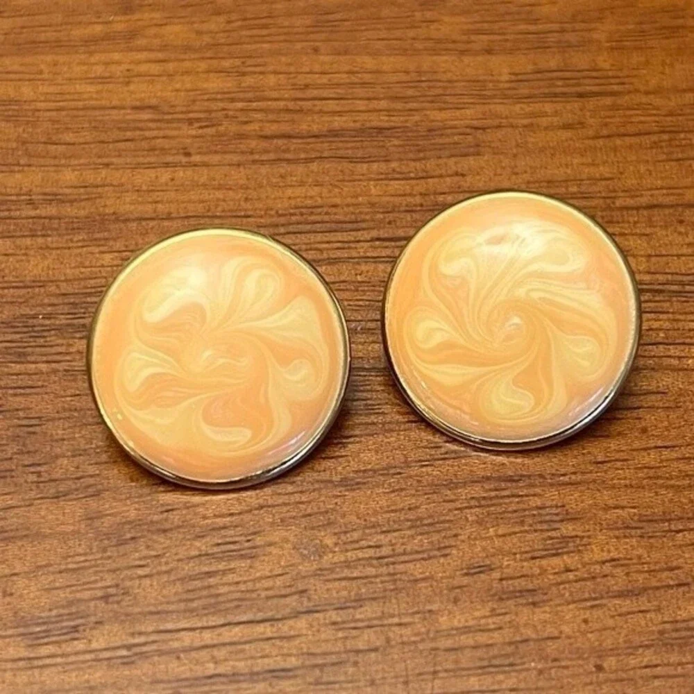 80s Vintage Button Earrings Orange Cream Swirl Circle Studs